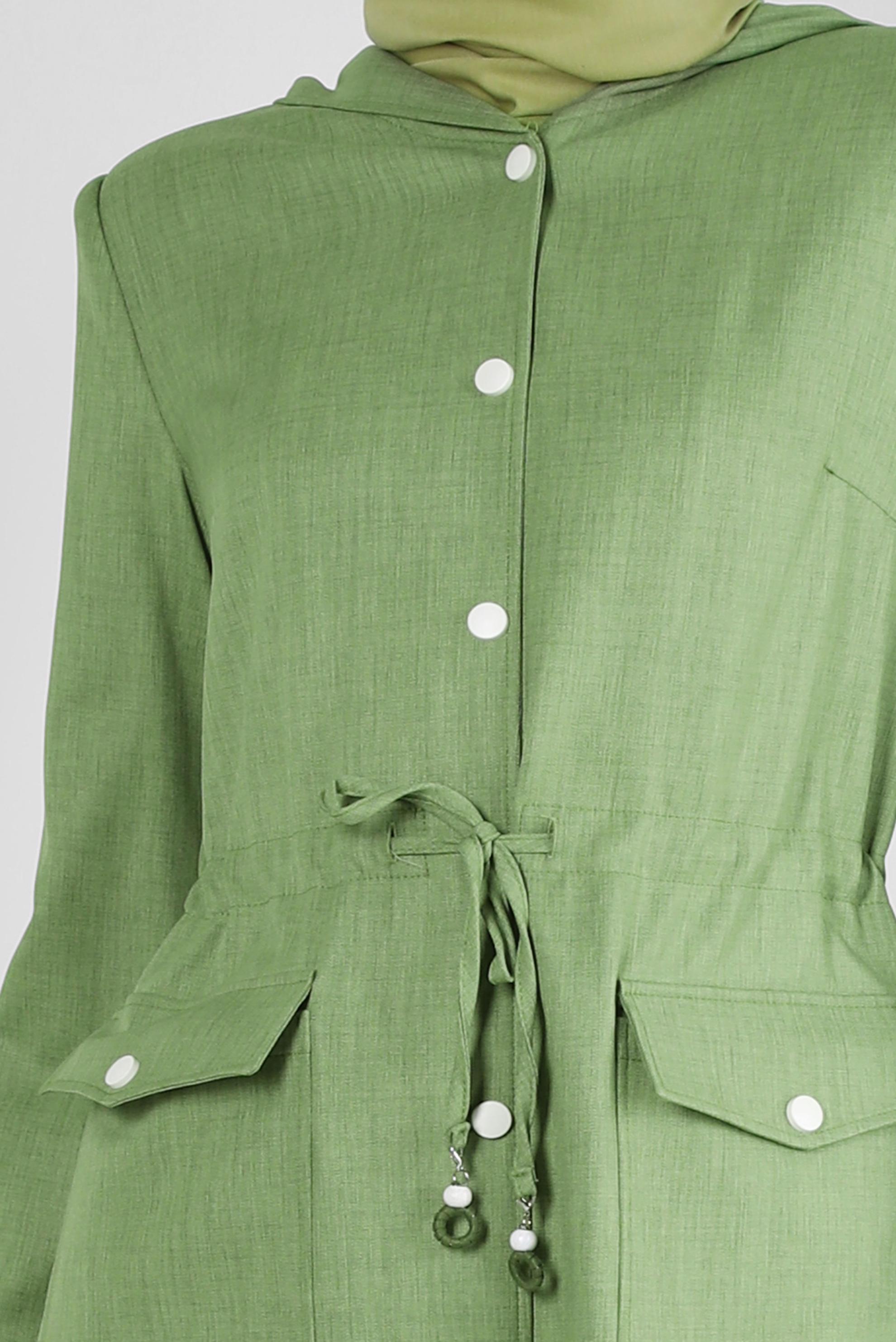 Hijab clothing GREEN HOODED TRENCH COAT WITH SMOCKING WAIST 10778