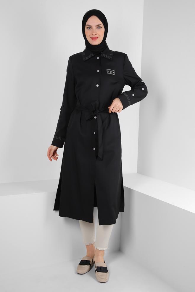 Tesettür giyim SİYAH GÖMLEK YAKA KUŞAKLI TRENÇKOT 10779 - ALVİNA