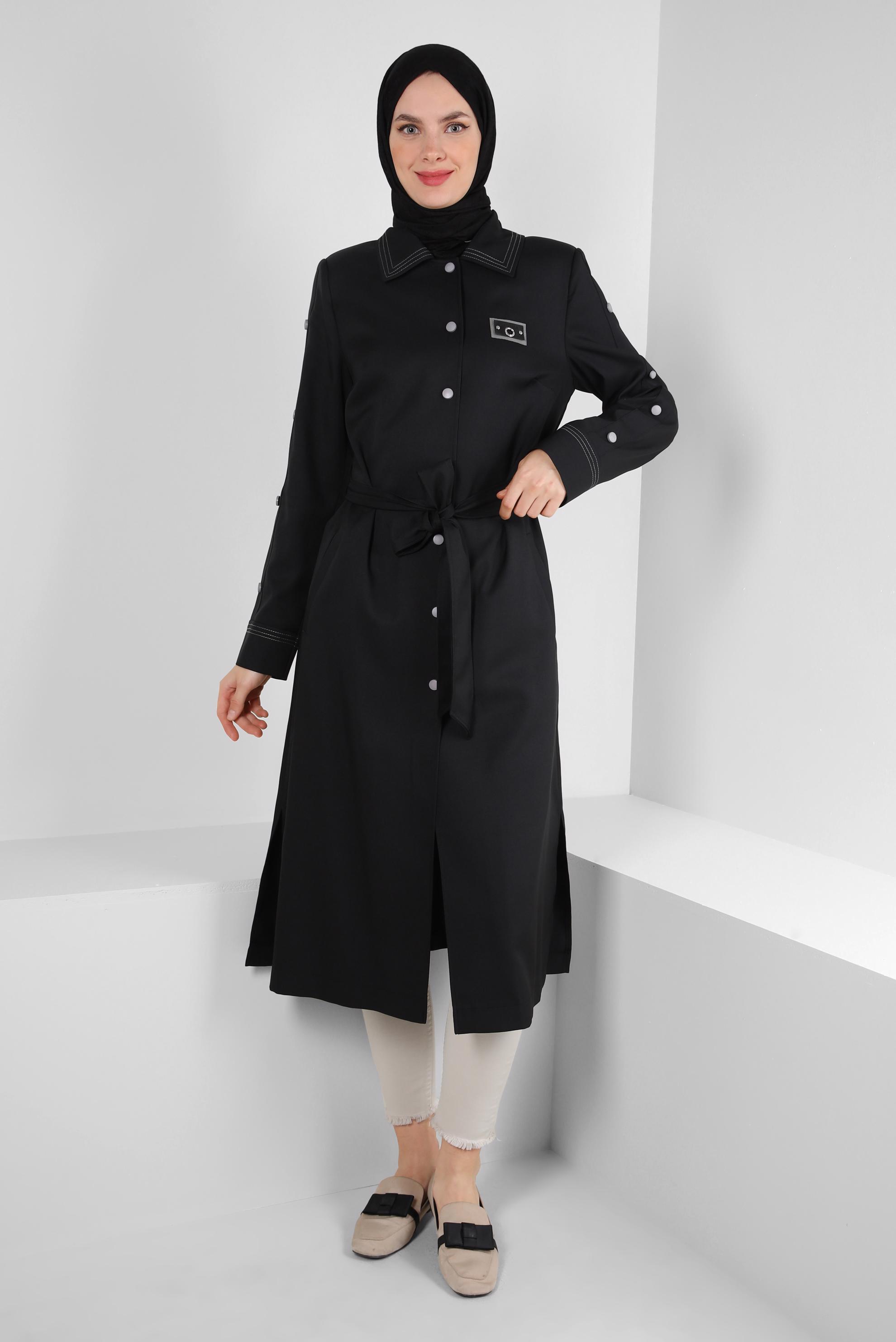 Tesettür giyim SİYAH GÖMLEK YAKA KUŞAKLI TRENÇKOT 10779