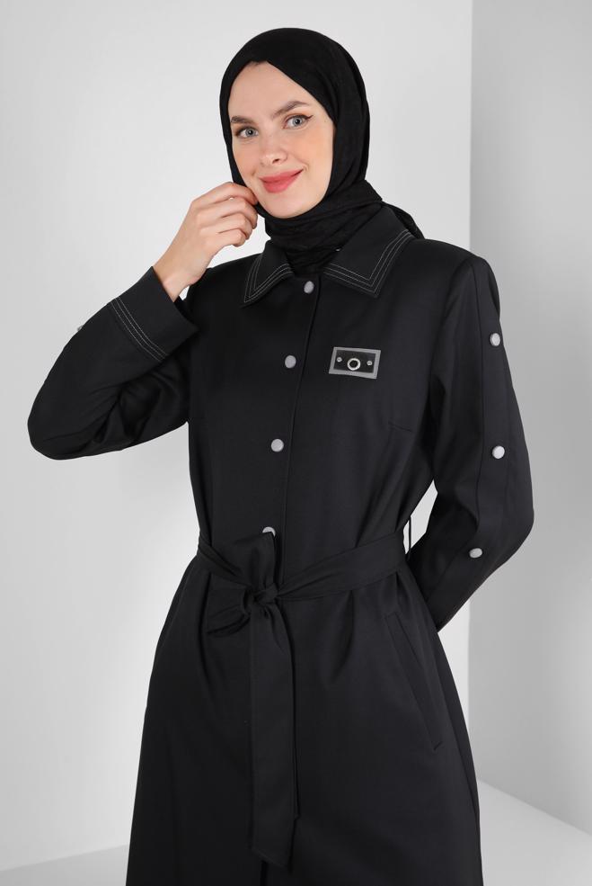 Tesettür giyim SİYAH GÖMLEK YAKA KUŞAKLI TRENÇKOT 10779 - ALVİNA