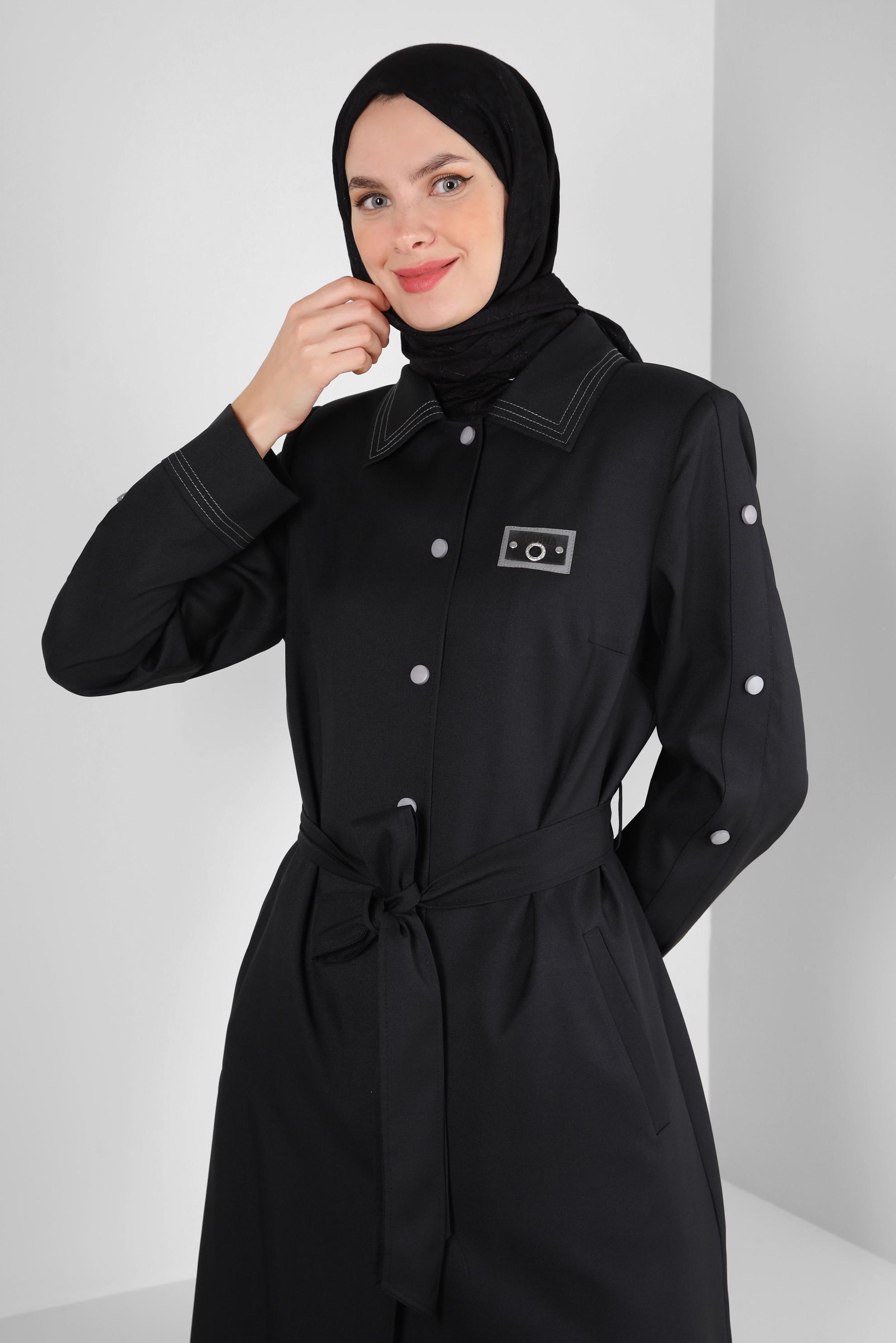 Tesettür giyim SİYAH GÖMLEK YAKA KUŞAKLI TRENÇKOT 10779