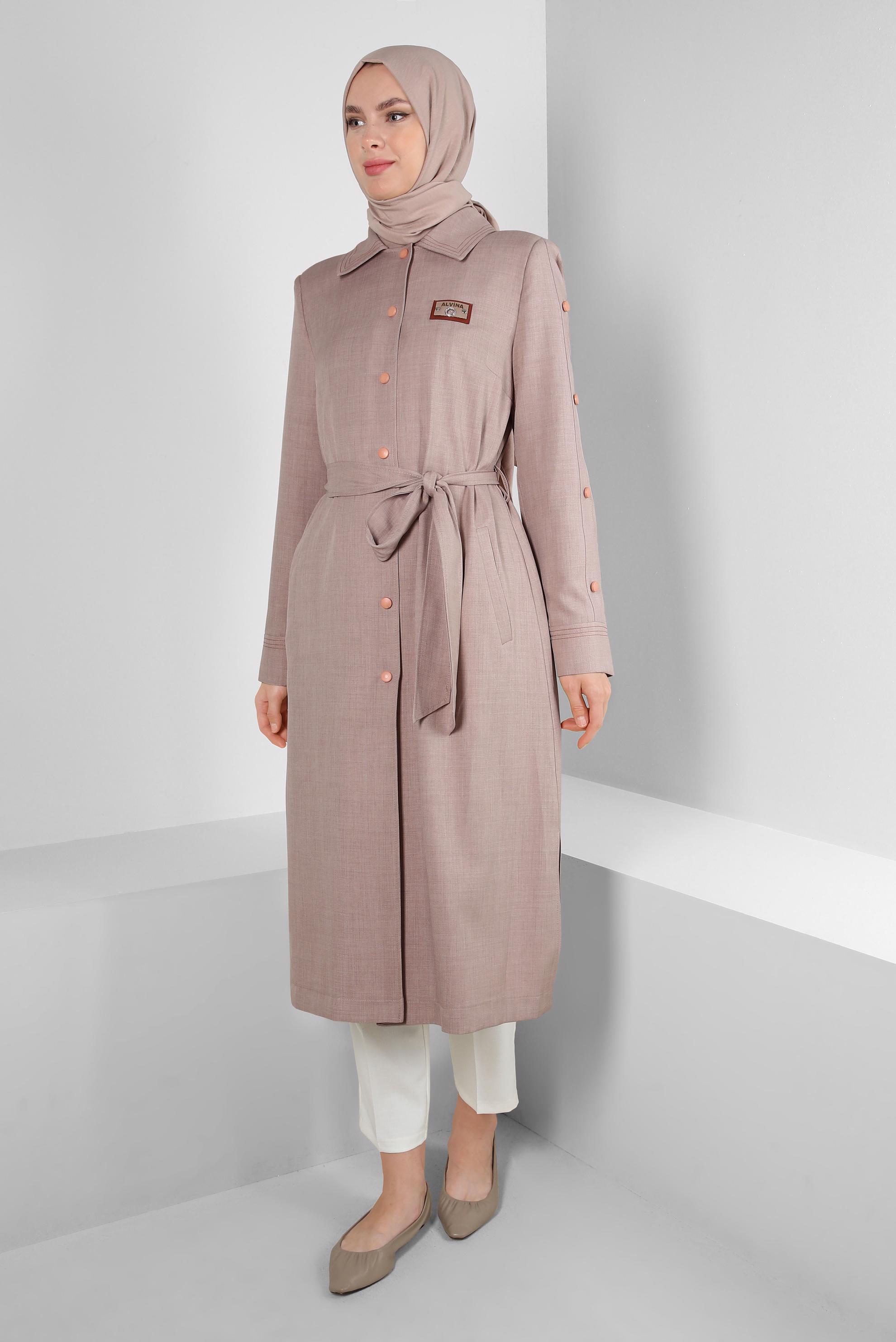 Vêtements hijab BEIGE TRENCH-COAT CEINTURE COL CHEMISE 10779