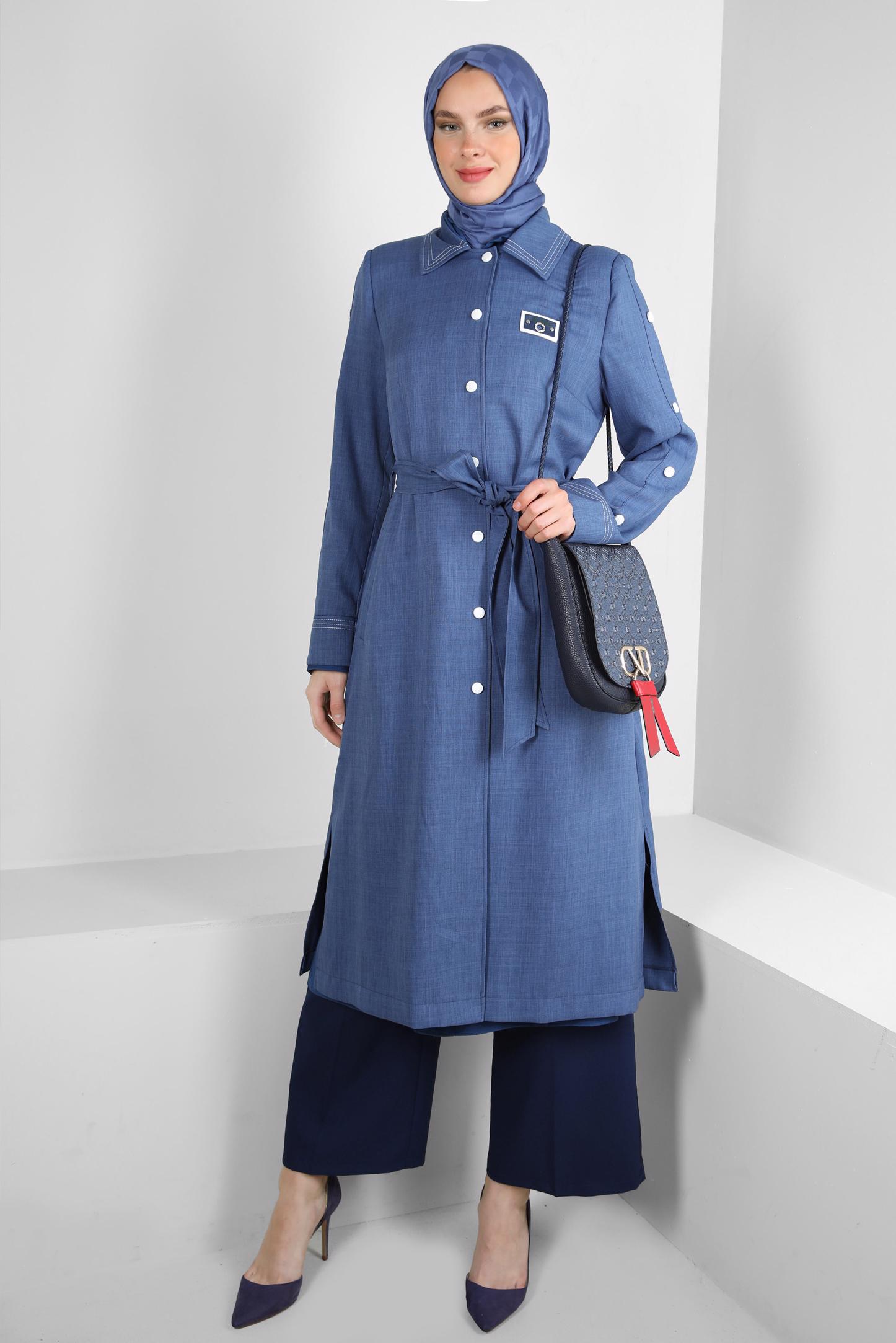 Vêtements hijab BLEU MARINE TRENCH-COAT CEINTURE COL CHEMISE 10779