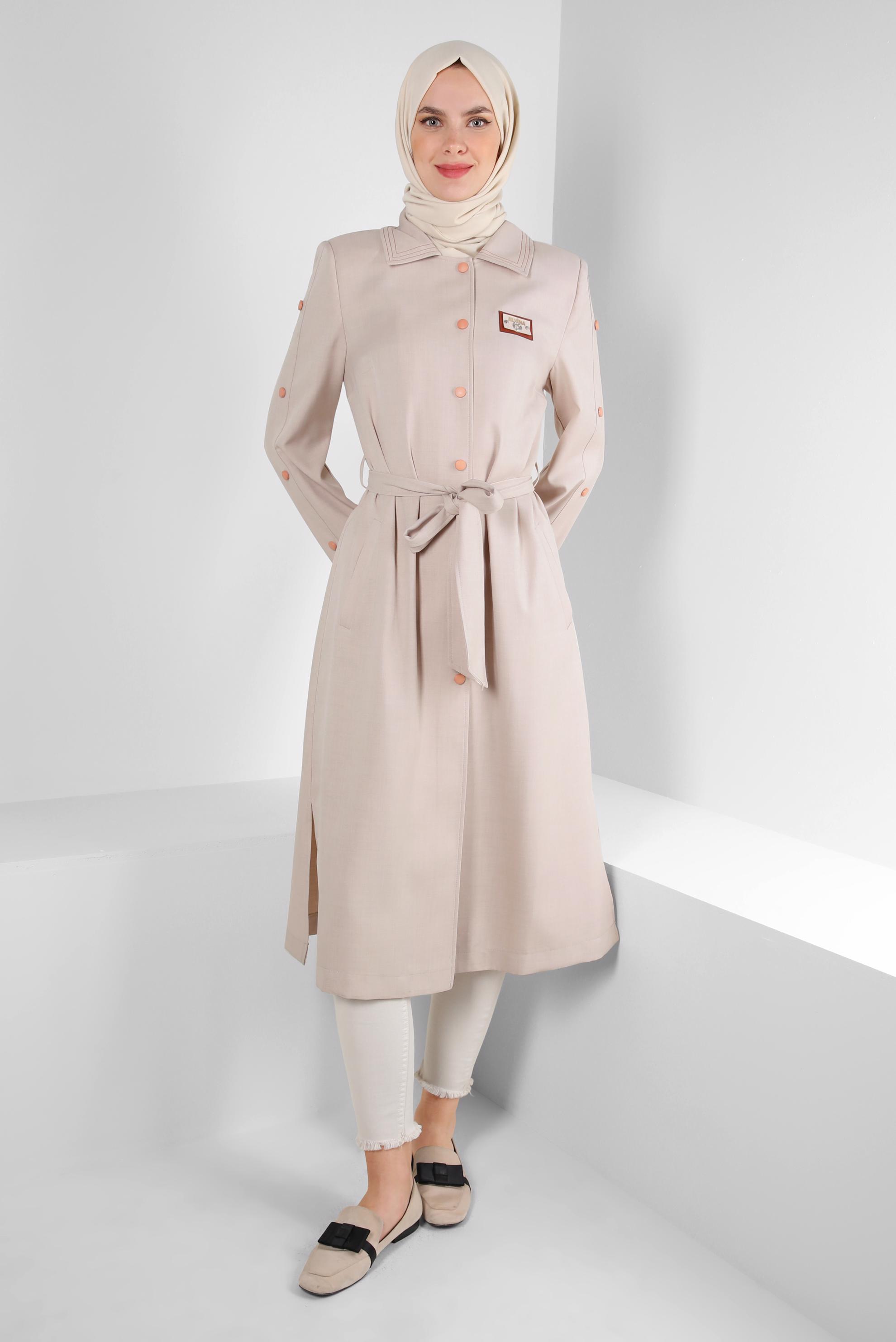 Vêtements hijab BEIGE TRENCH-COAT CEINTURE COL CHEMISE 10779