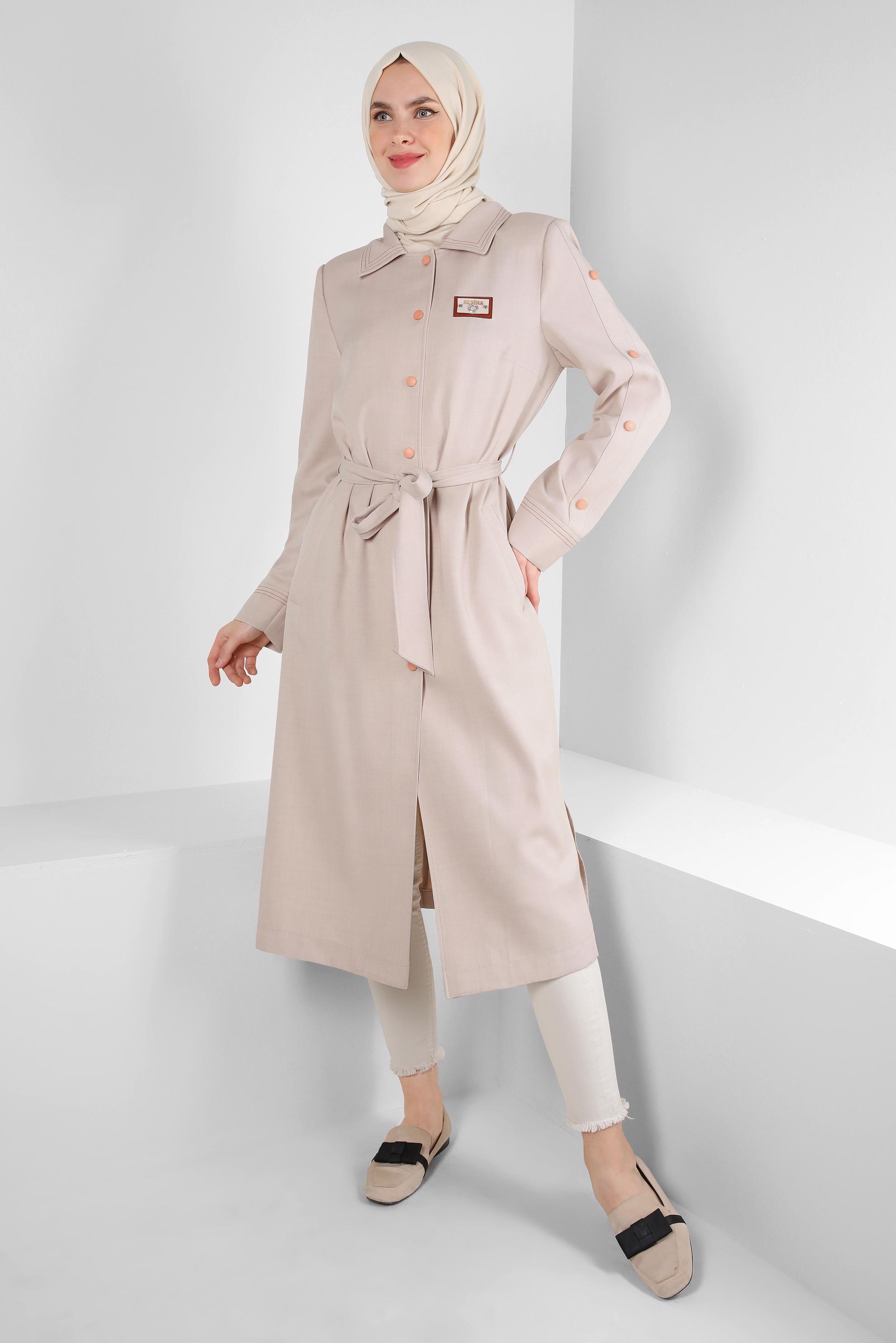 Vêtements hijab BEIGE TRENCH-COAT CEINTURE COL CHEMISE 10779