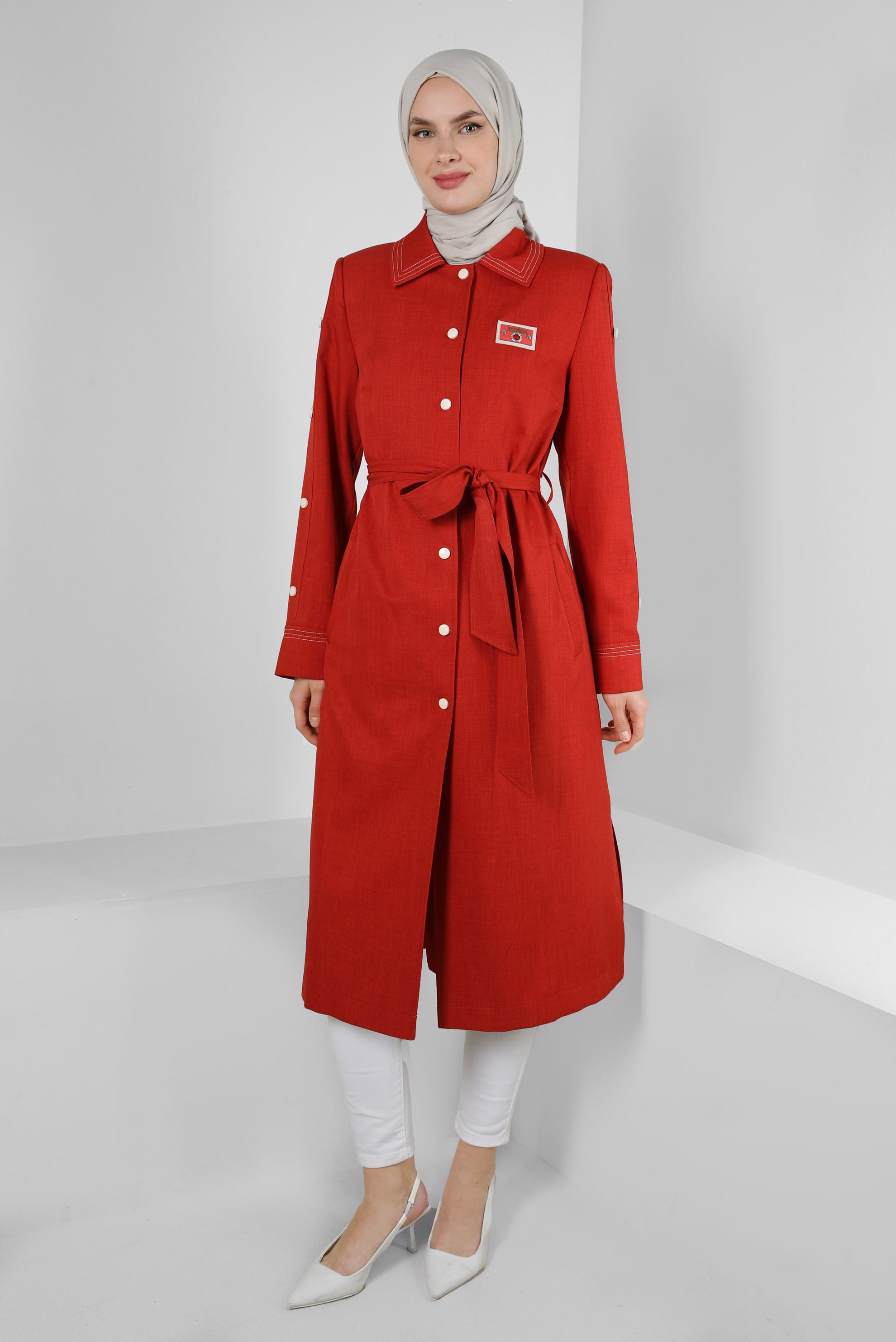 Tesettür giyim BORDO GÖMLEK YAKA KUŞAKLI TRENÇKOT 10779