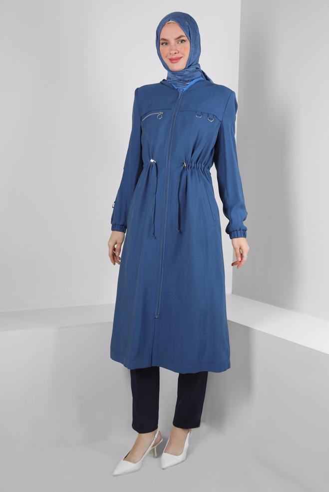 Tesettür giyim LACİVERT KAPÜŞONLU BELİ BÜZGÜLÜ TRENÇKOT 10780 - ALVİNA