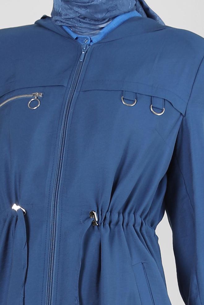 Tesettür giyim LACİVERT KAPÜŞONLU BELİ BÜZGÜLÜ TRENÇKOT 10780 - ALVİNA