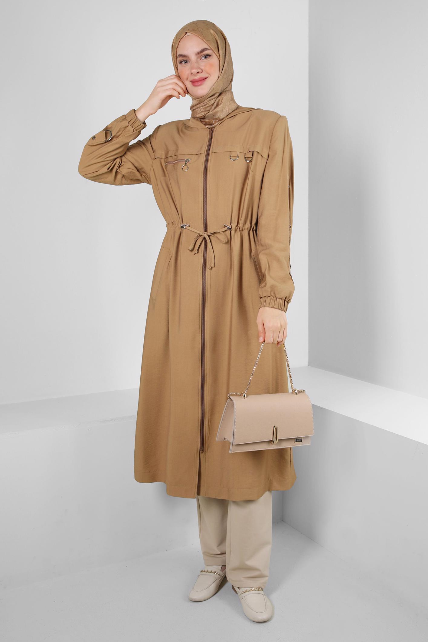 Hijab clothing TABA HOODED TRENCH COAT WITH SMOCKING WAIST 10780