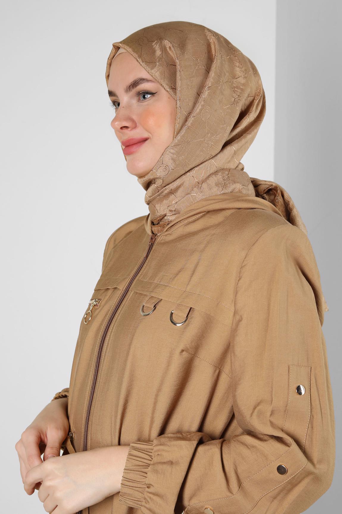 Hijab clothing TABA HOODED TRENCH COAT WITH SMOCKING WAIST 10780