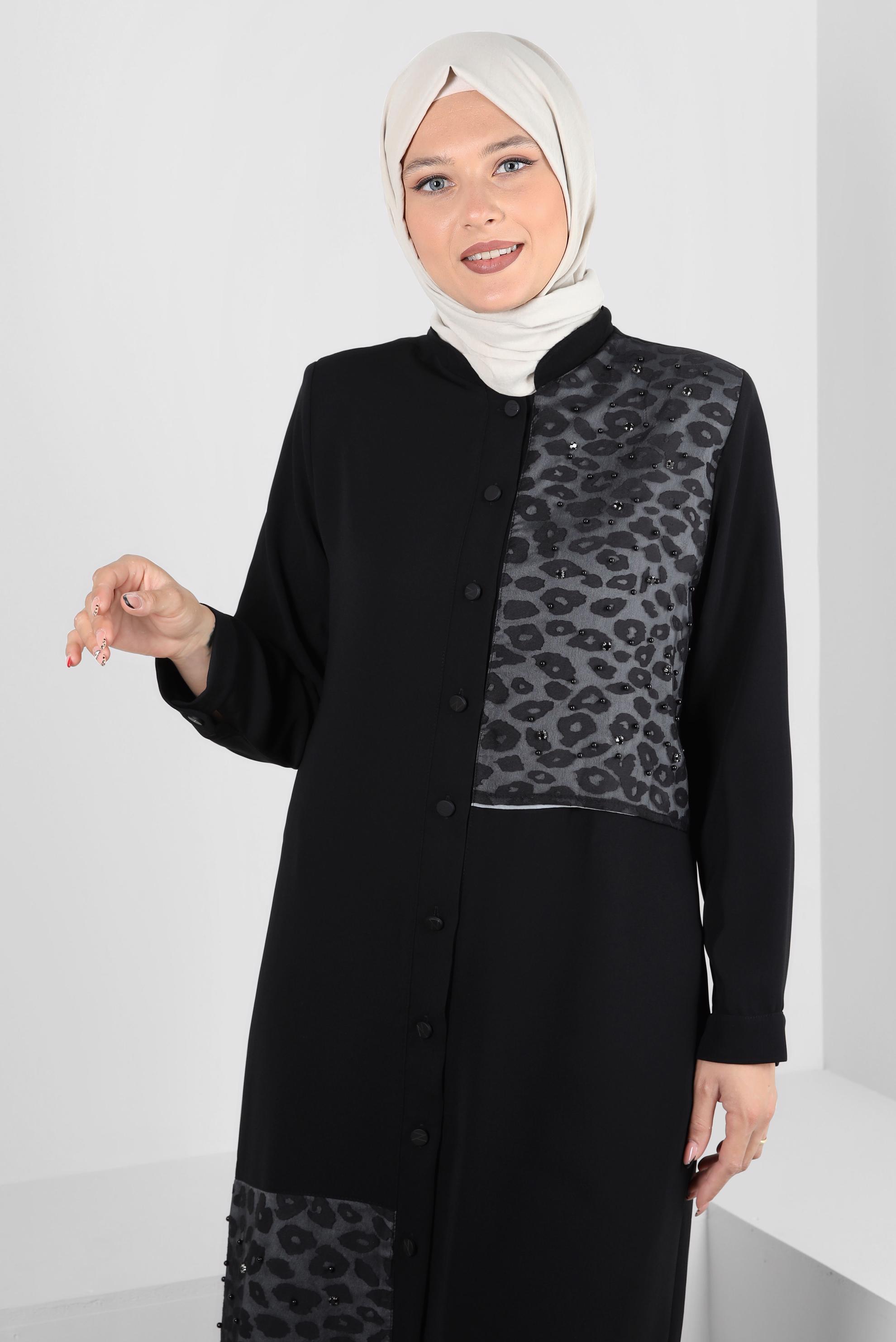 Vêtements hijab NOIR VESTE MOTIF LÉOPARD AVEC BOUTON 20369