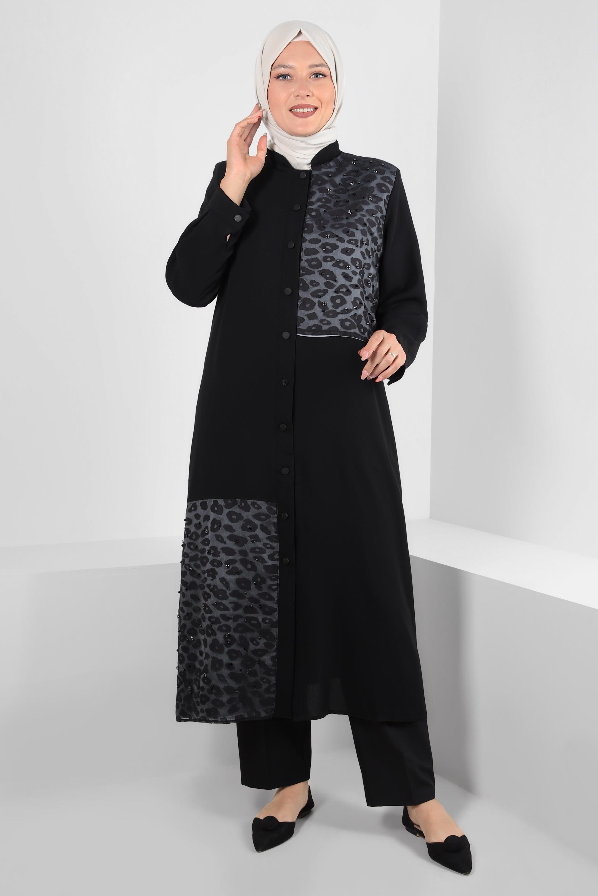 Vêtements hijab NOIR VESTE MOTIF LÉOPARD AVEC BOUTON 20369