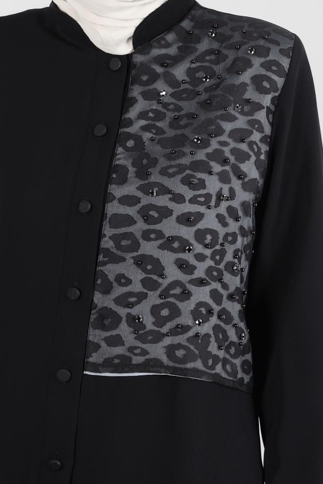 Vêtements hijab NOIR VESTE MOTIF LÉOPARD AVEC BOUTON 20369 - ALVİNA
