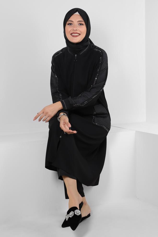 Vêtements hijab NOIR VESTE CREP ZIPPÉE AVEC GEM BRODÉ 20370 - ALVİNA