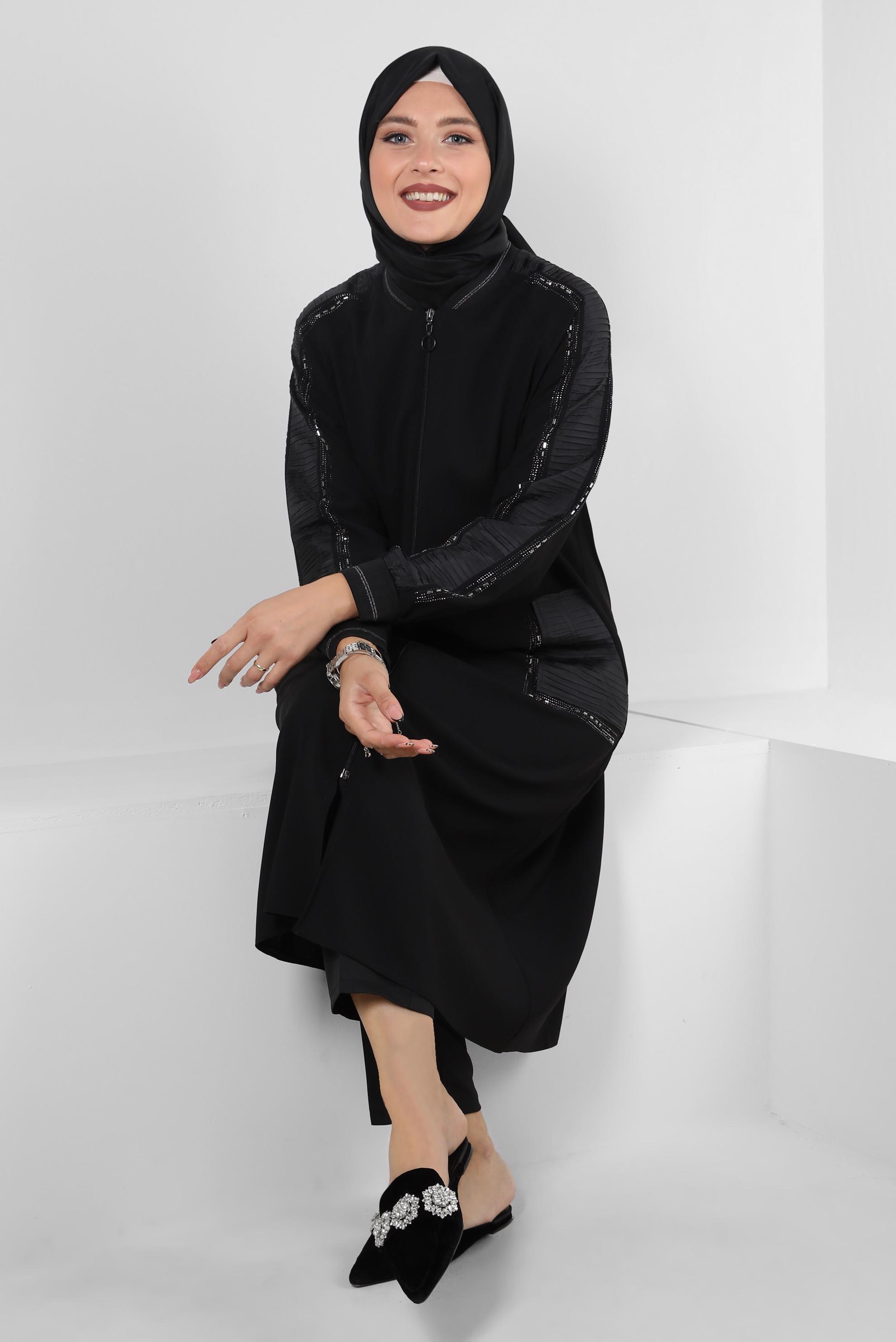 Vêtements hijab NOIR VESTE CREP ZIPPÉE AVEC GEM BRODÉ 20370