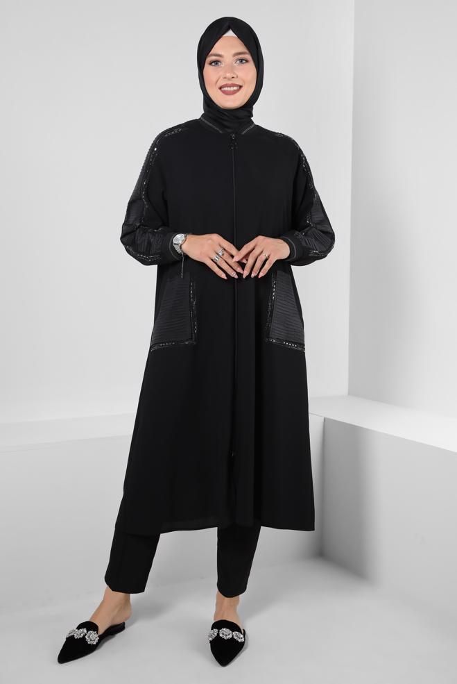 Vêtements hijab NOIR VESTE CREP ZIPPÉE AVEC GEM BRODÉ 20370 - ALVİNA