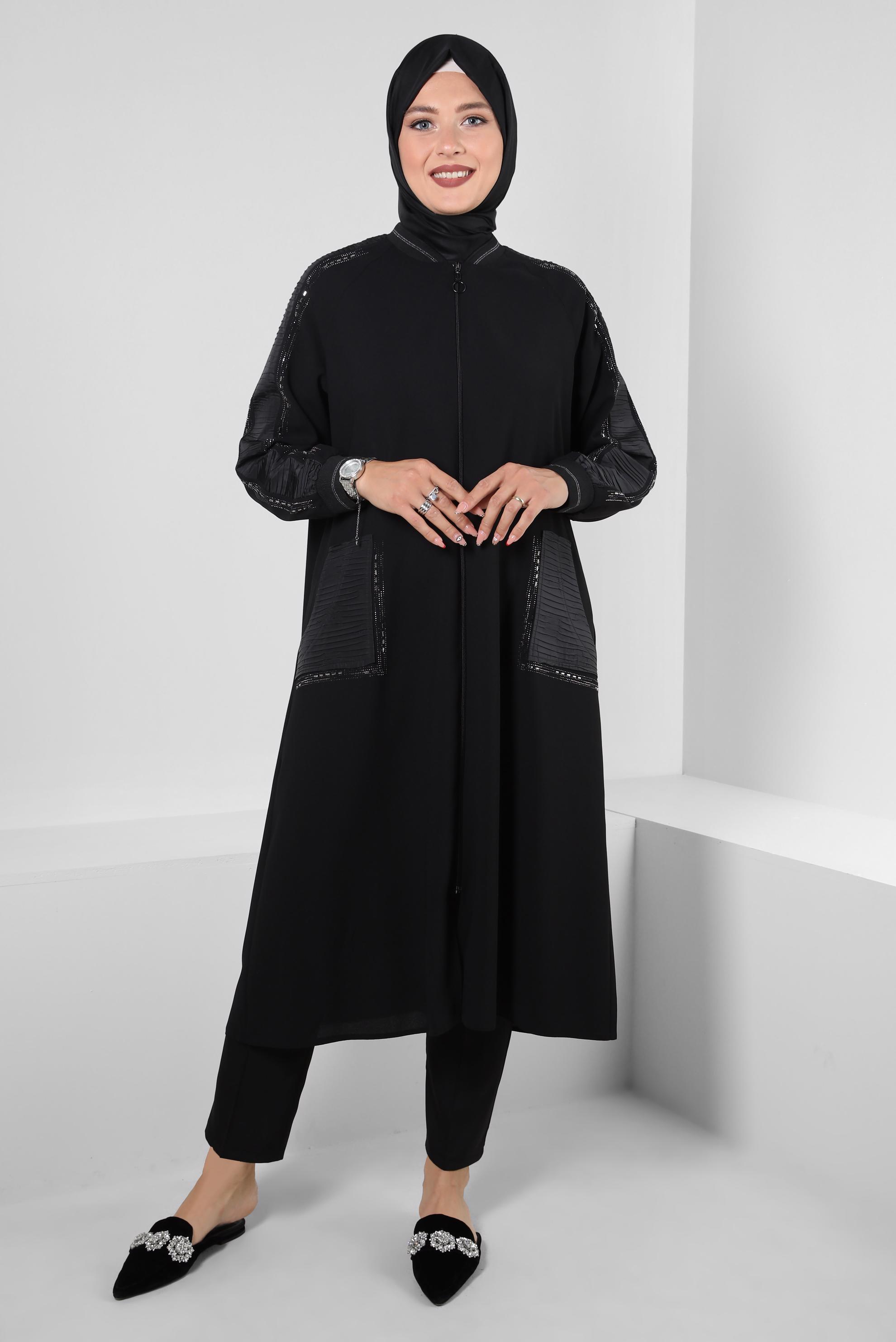 Vêtements hijab NOIR VESTE CREP ZIPPÉE AVEC GEM BRODÉ 20370