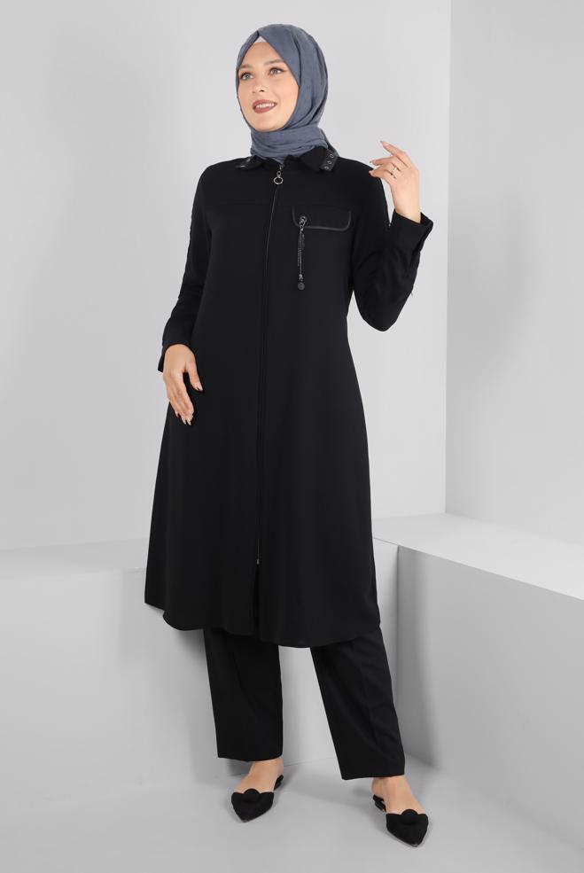 Tesettür giyim SİYAH KUŞGÖZÜ DETAYLI FERMUARLI GİY ÇIK 20373 - ALVİNA