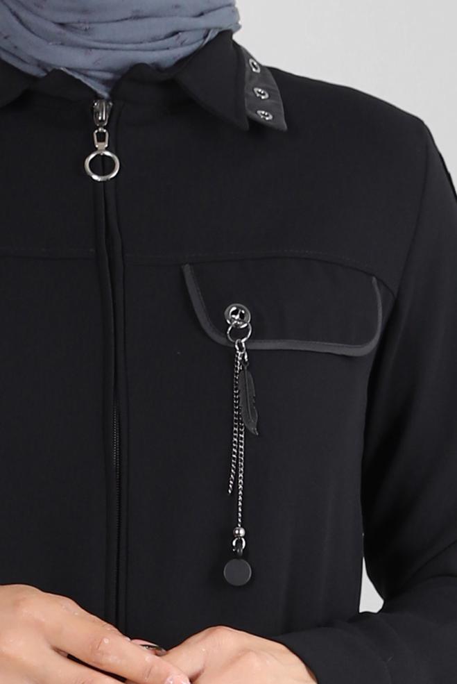 Tesettür giyim SİYAH KUŞGÖZÜ DETAYLI FERMUARLI GİY ÇIK 20373 - ALVİNA