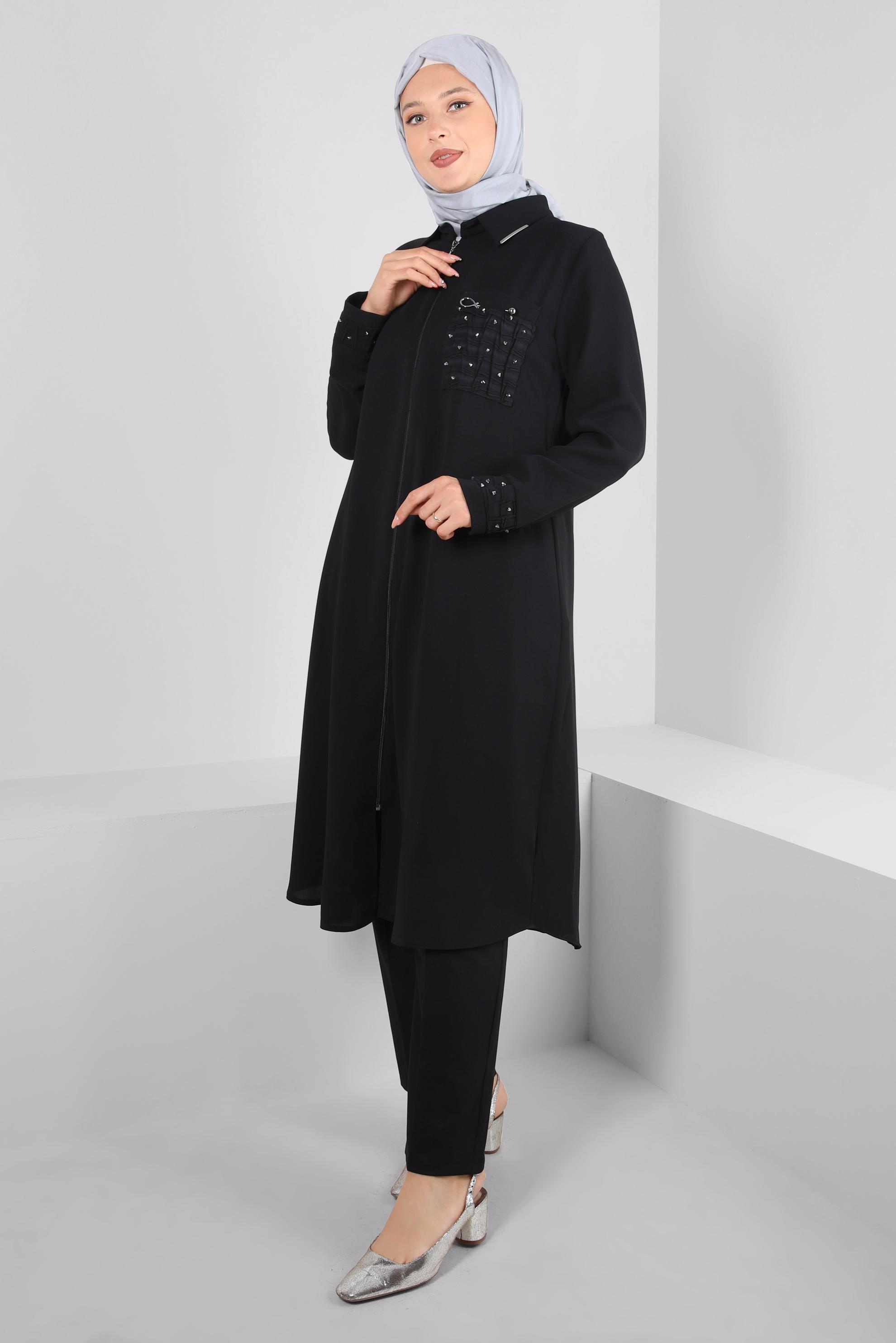 Vêtements hijab NOIR SURMANTEAU ZIPPÉ DÉTAIL GEM 20374