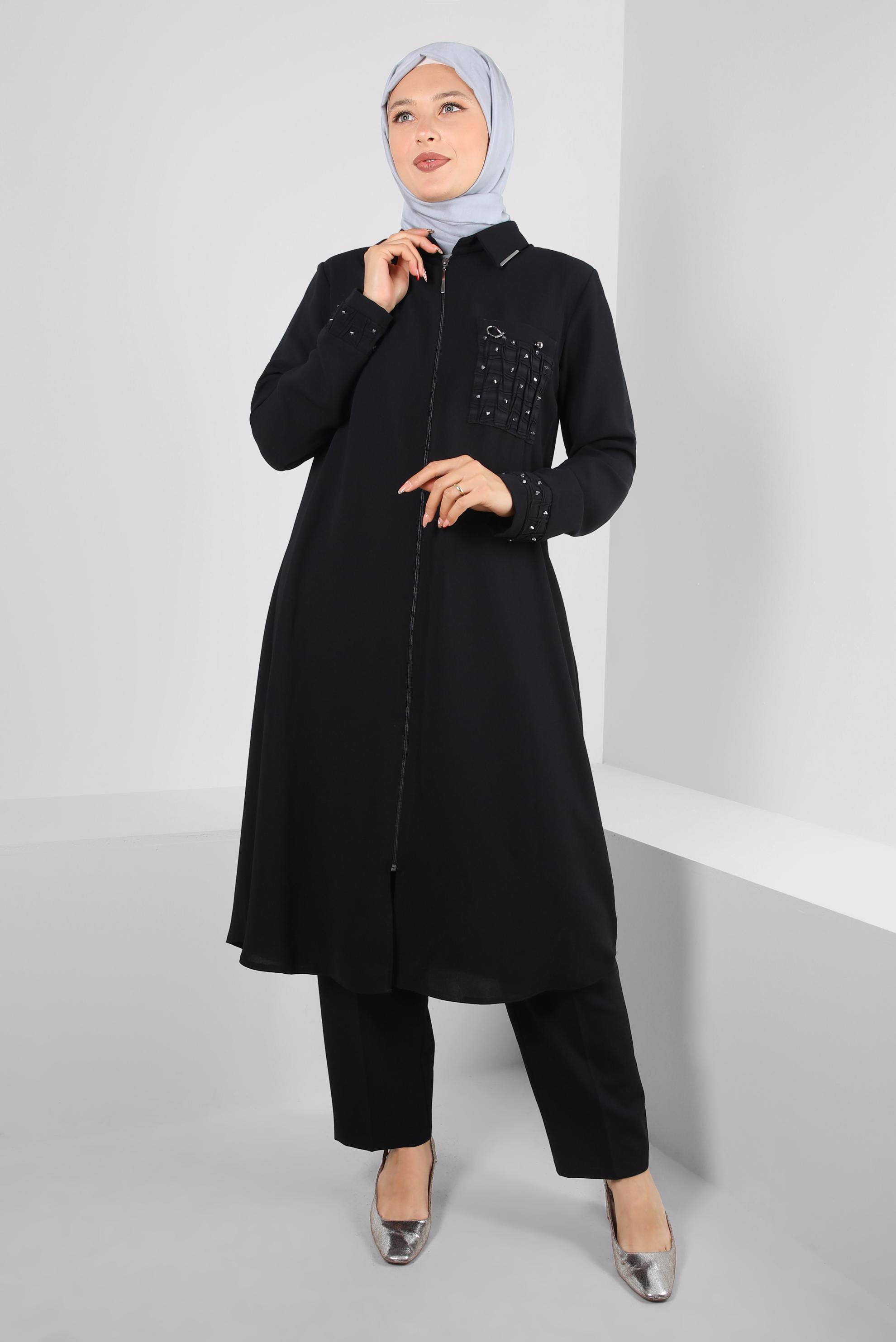 Vêtements hijab NOIR SURMANTEAU ZIPPÉ DÉTAIL GEM 20374