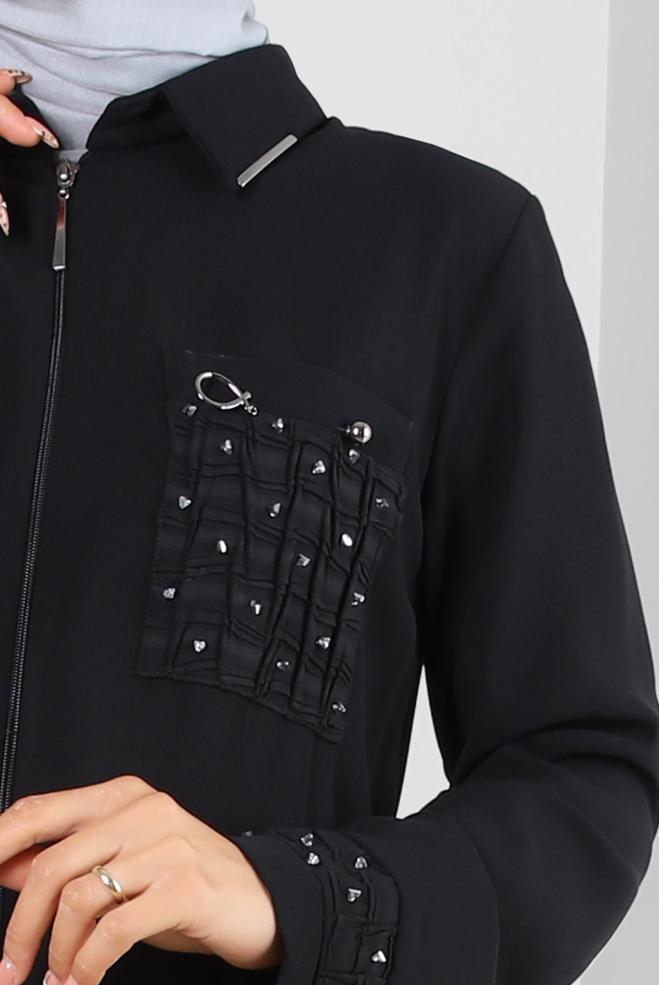 Vêtements hijab NOIR SURMANTEAU ZIPPÉ DÉTAIL GEM 20374 - ALVİNA
