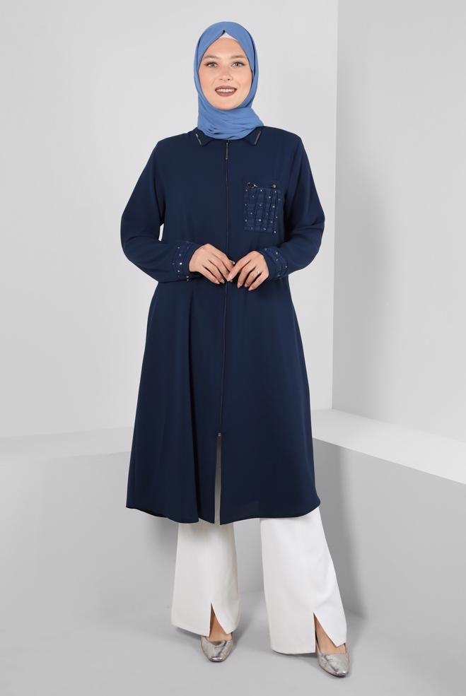 Vêtements hijab BLEU MARINE SURMANTEAU ZIPPÉ DÉTAIL GEM 20374 - ALVİNA