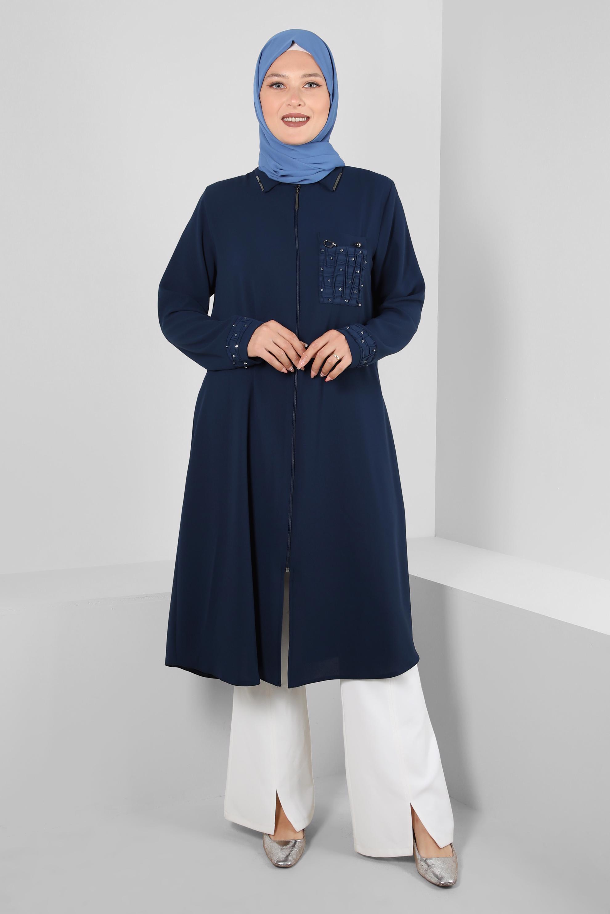 Vêtements hijab BLEU MARINE SURMANTEAU ZIPPÉ DÉTAIL GEM 20374