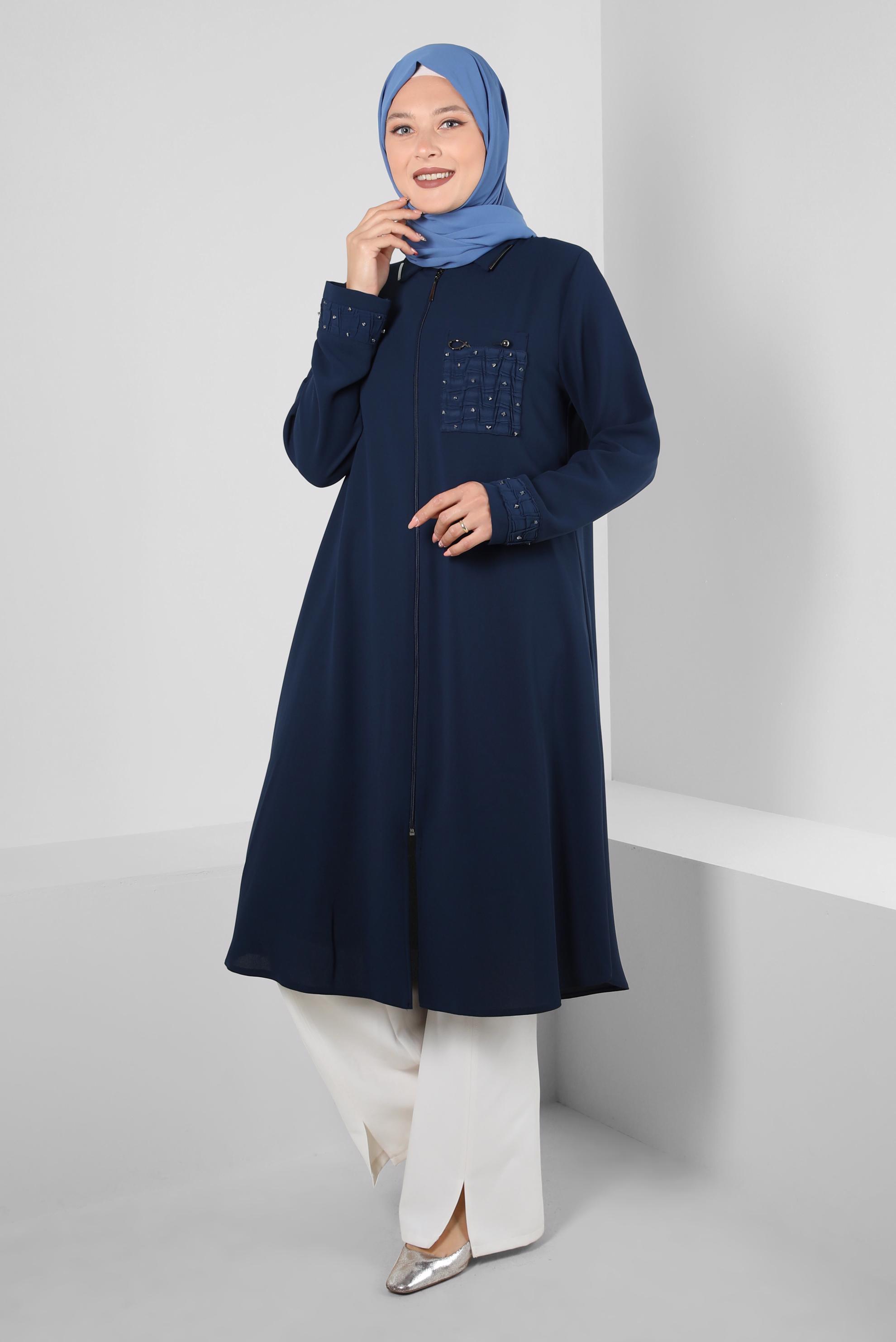Vêtements hijab BLEU MARINE SURMANTEAU ZIPPÉ DÉTAIL GEM 20374