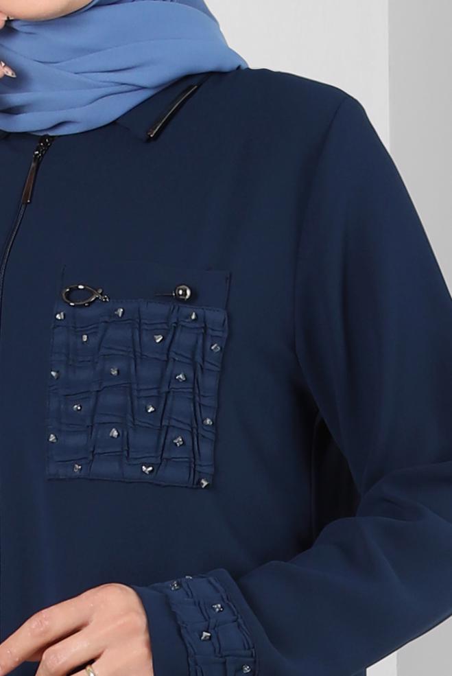 Vêtements hijab BLEU MARINE SURMANTEAU ZIPPÉ DÉTAIL GEM 20374 - ALVİNA