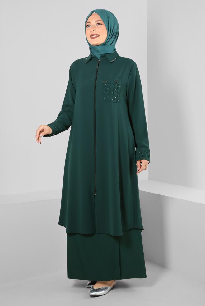 Vêtements hijab VERT SURMANTEAU ZIPPÉ DÉTAIL GEM 20374 - ALVİNA