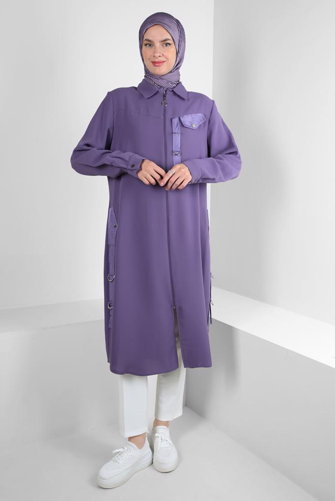 Hijab clothing PURPLE ZIPPERED OVERCOAT WITH METAL ACCESSORY 20375 - ALVİNA