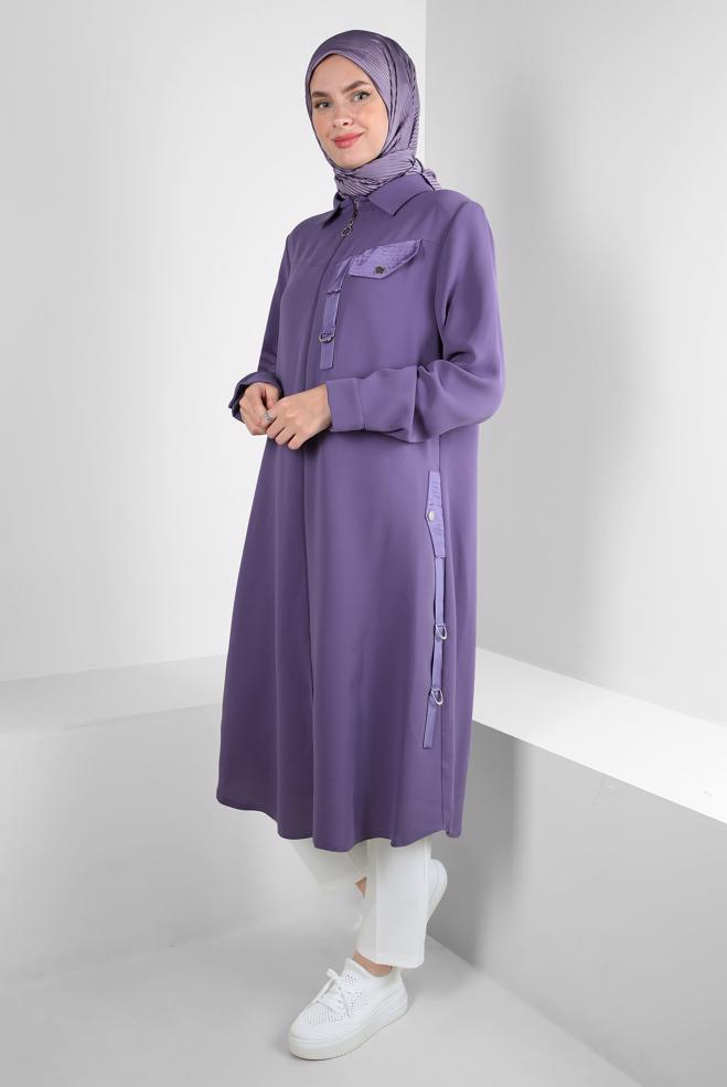 Hijab clothing PURPLE ZIPPERED OVERCOAT WITH METAL ACCESSORY 20375 - ALVİNA