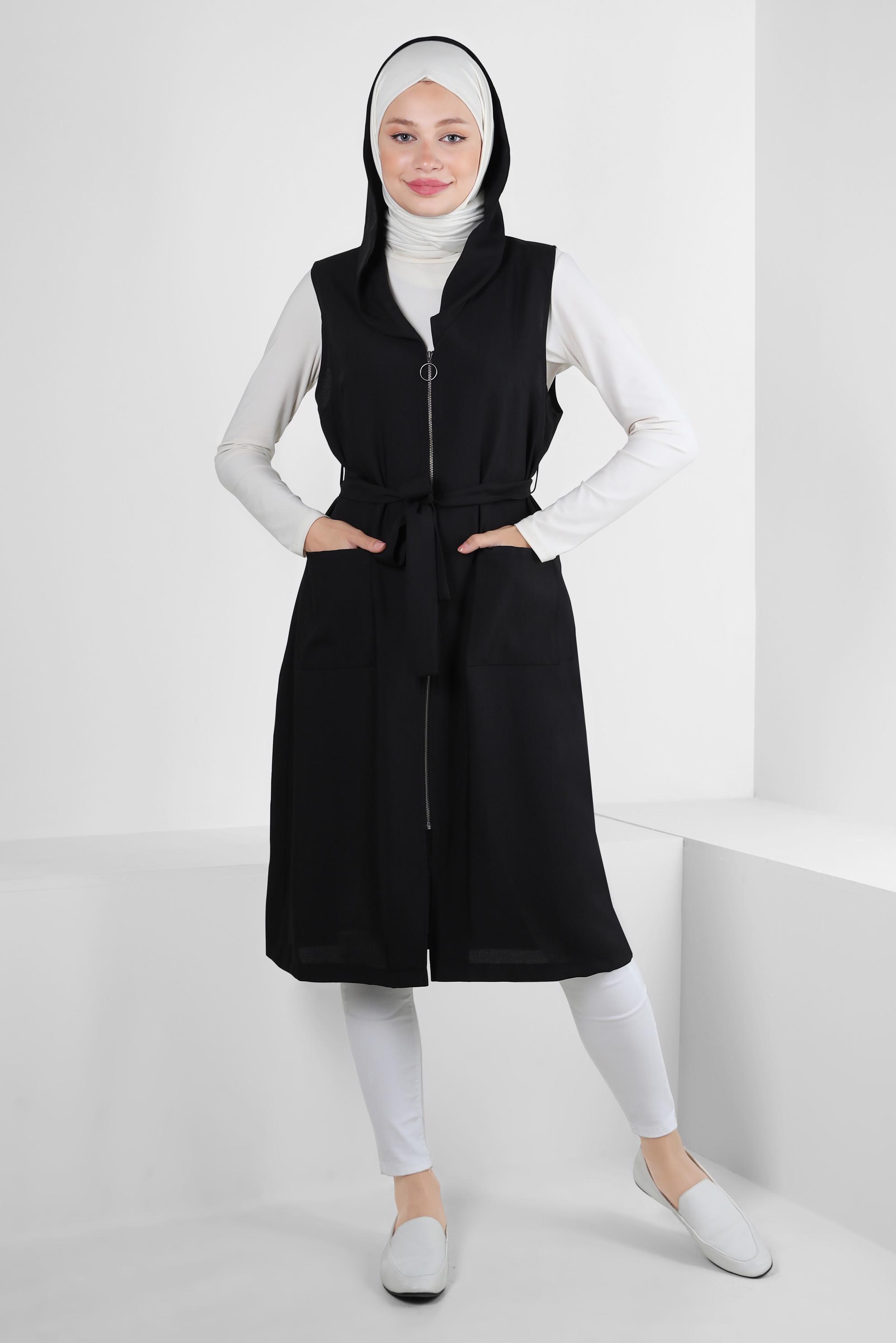 Tesettür giyim SİYAH KAPÜŞONLU FERMUARLI CEPLİ YELEK 43872