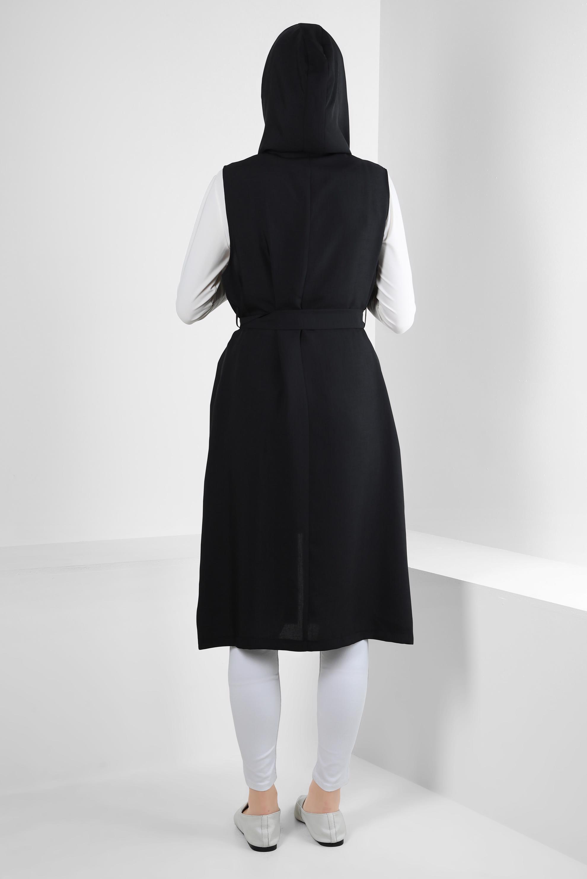 Tesettür giyim SİYAH KAPÜŞONLU FERMUARLI CEPLİ YELEK 43872