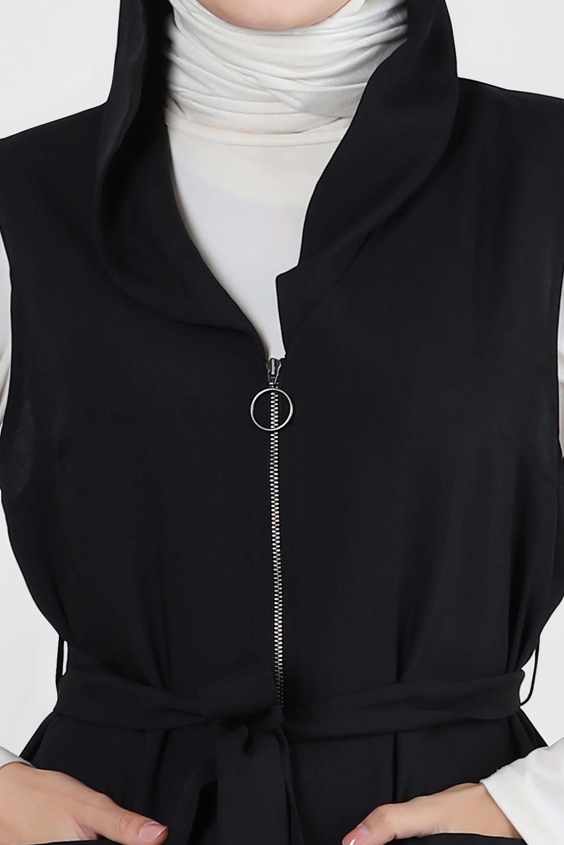 Tesettür giyim SİYAH KAPÜŞONLU FERMUARLI CEPLİ YELEK 43872