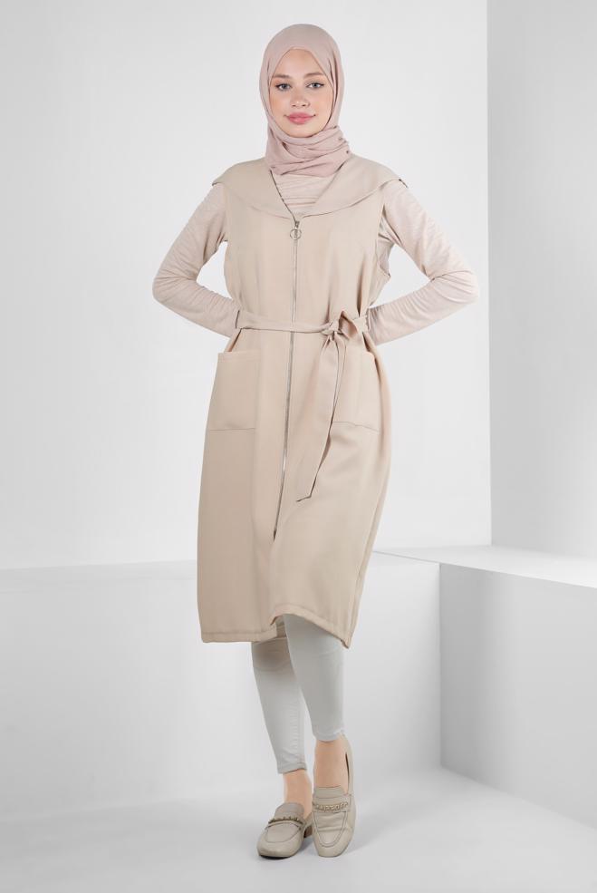 Vêtements hijab BEIGE GILET ZIPPÉ À CAPUCHE AVEC DÉTAIL DE POCHE 43872 - ALVİNA