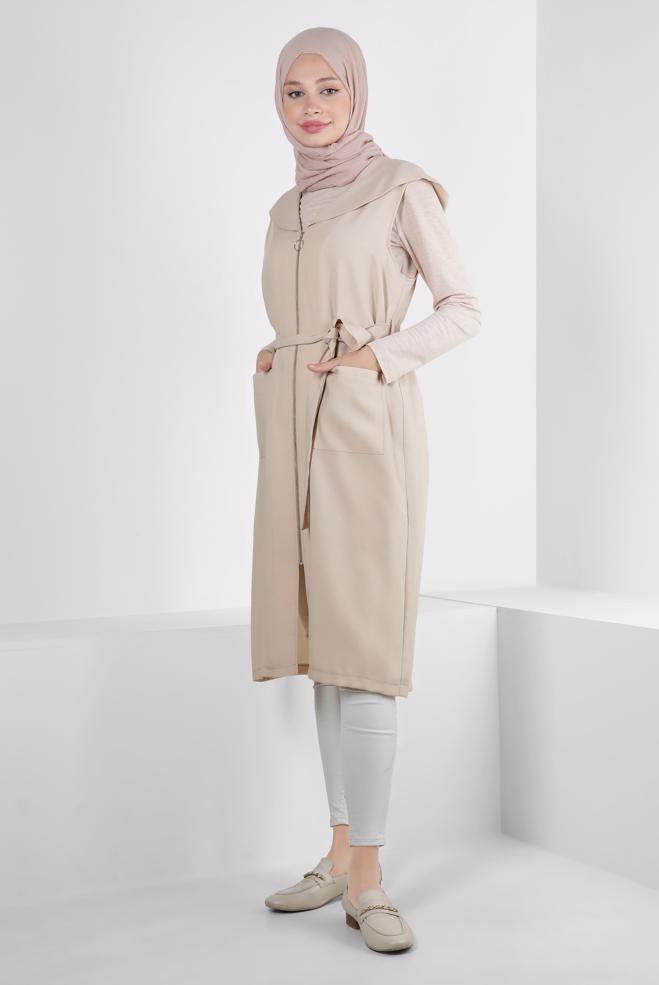 Vêtements hijab BEIGE GILET ZIPPÉ À CAPUCHE AVEC DÉTAIL DE POCHE 43872 - ALVİNA