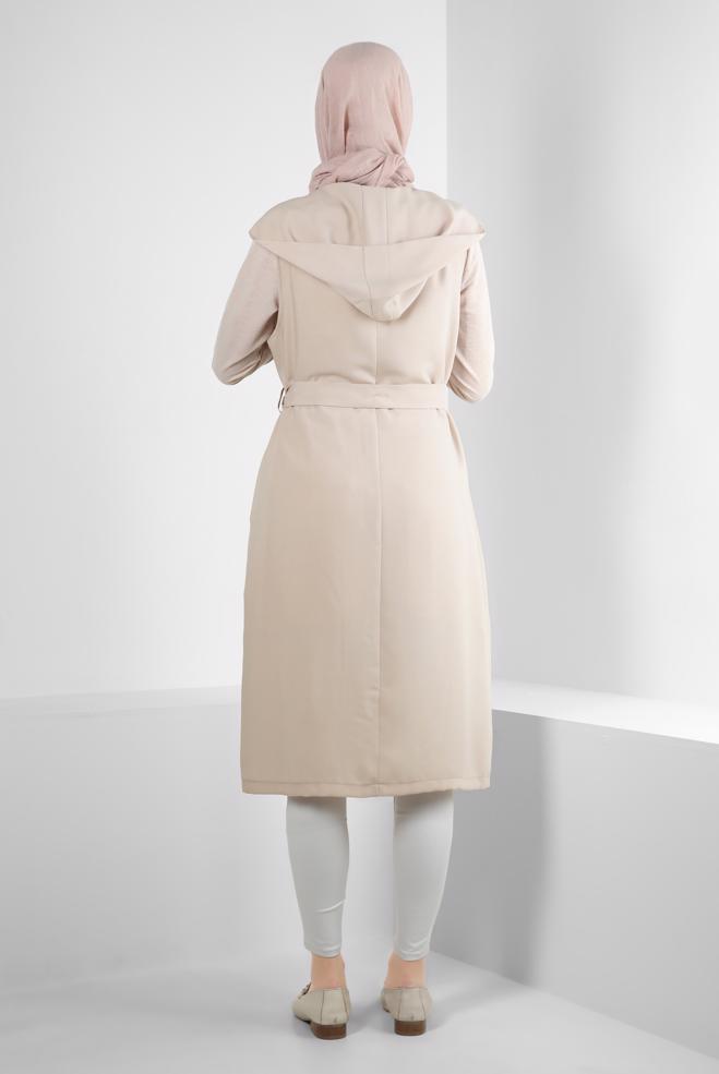 Vêtements hijab BEIGE GILET ZIPPÉ À CAPUCHE AVEC DÉTAIL DE POCHE 43872 - ALVİNA
