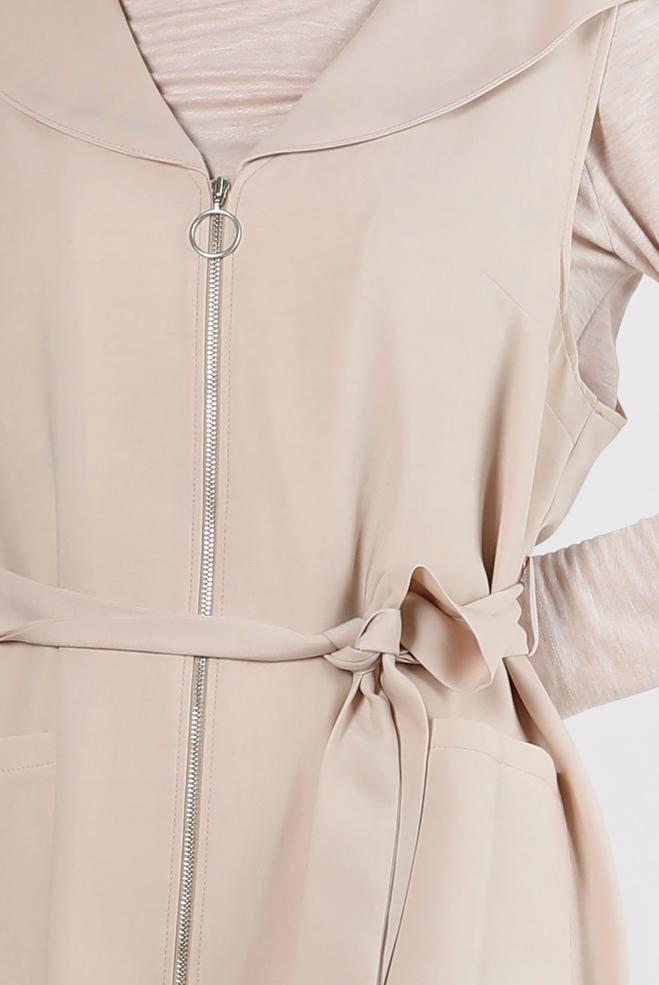 Vêtements hijab BEIGE GILET ZIPPÉ À CAPUCHE AVEC DÉTAIL DE POCHE 43872 - ALVİNA