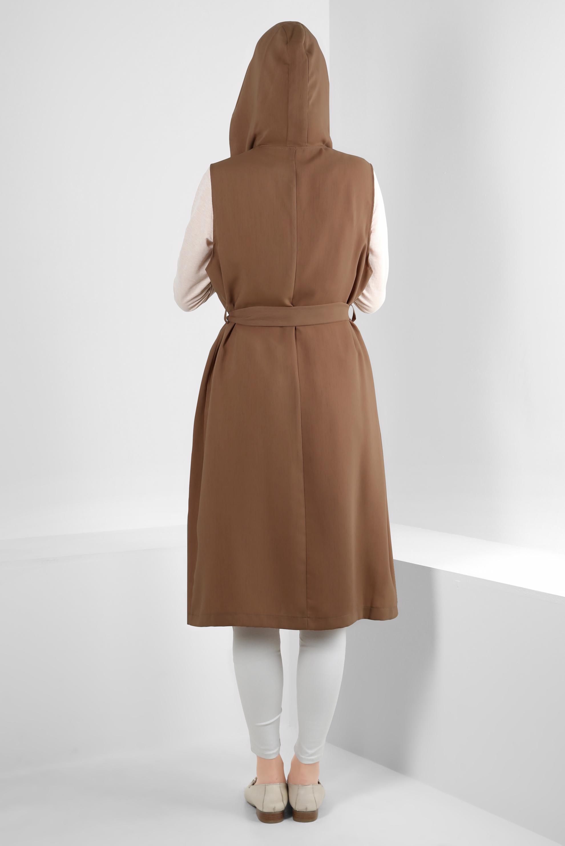 Tesettür giyim KAHVE KAPÜŞONLU FERMUARLI CEPLİ YELEK 43872