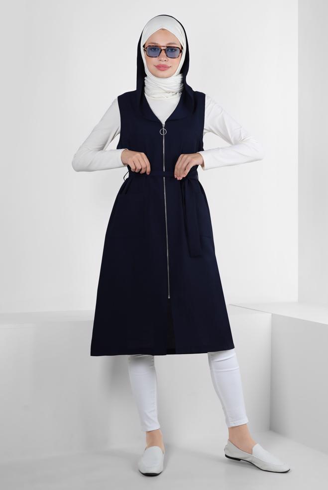 Vêtements hijab BLEU MARINE GILET ZIPPÉ À CAPUCHE AVEC DÉTAIL DE POCHE 43872 - ALVİNA
