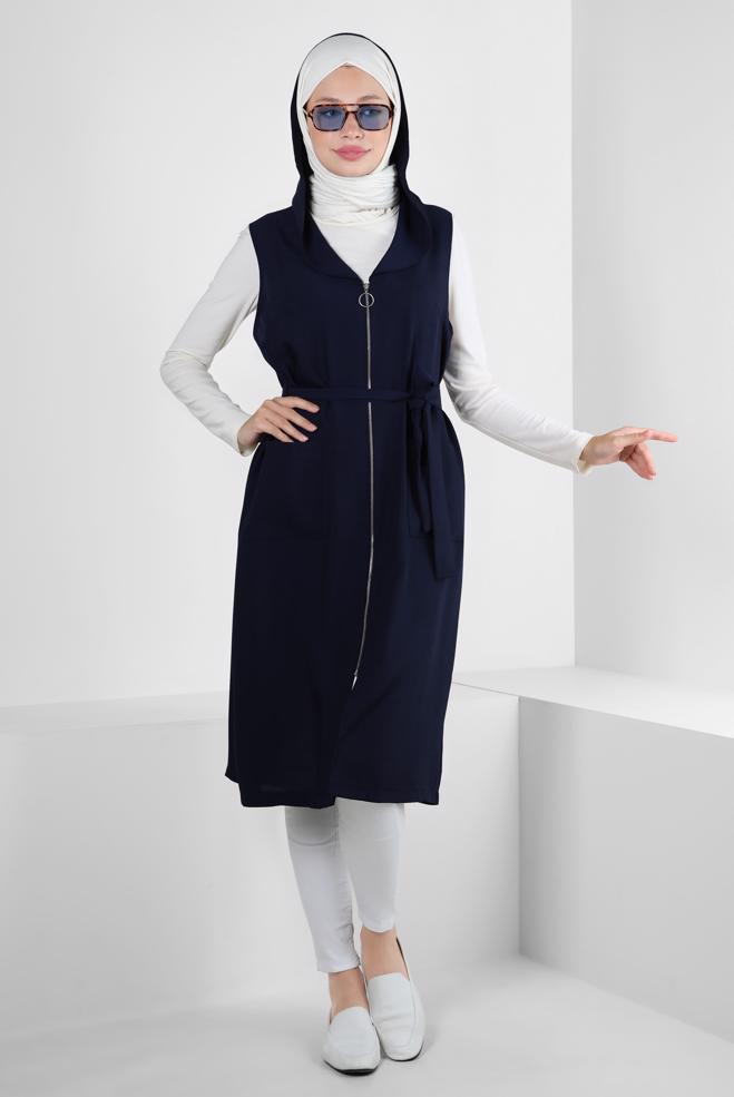 Vêtements hijab BLEU MARINE GILET ZIPPÉ À CAPUCHE AVEC DÉTAIL DE POCHE 43872 - ALVİNA