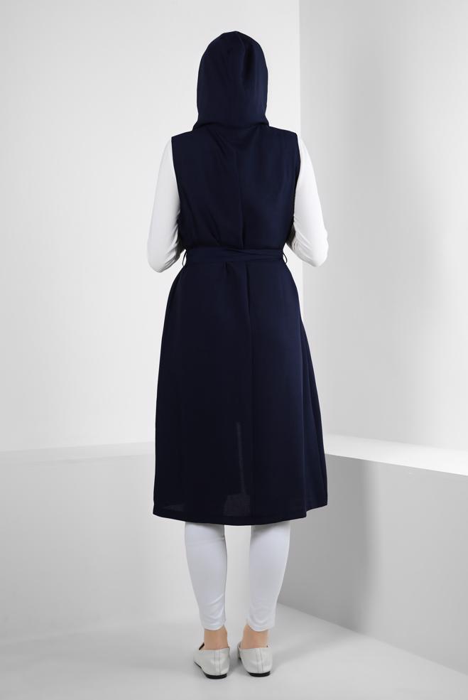 Vêtements hijab BLEU MARINE GILET ZIPPÉ À CAPUCHE AVEC DÉTAIL DE POCHE 43872 - ALVİNA