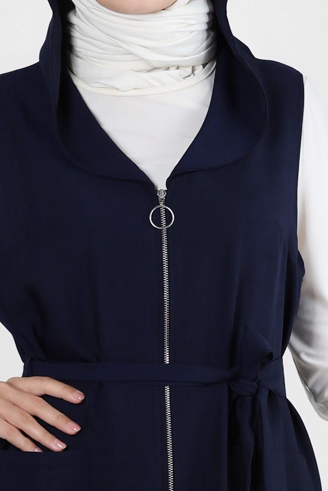 Vêtements hijab BLEU MARINE GILET ZIPPÉ À CAPUCHE AVEC DÉTAIL DE POCHE 43872 - ALVİNA