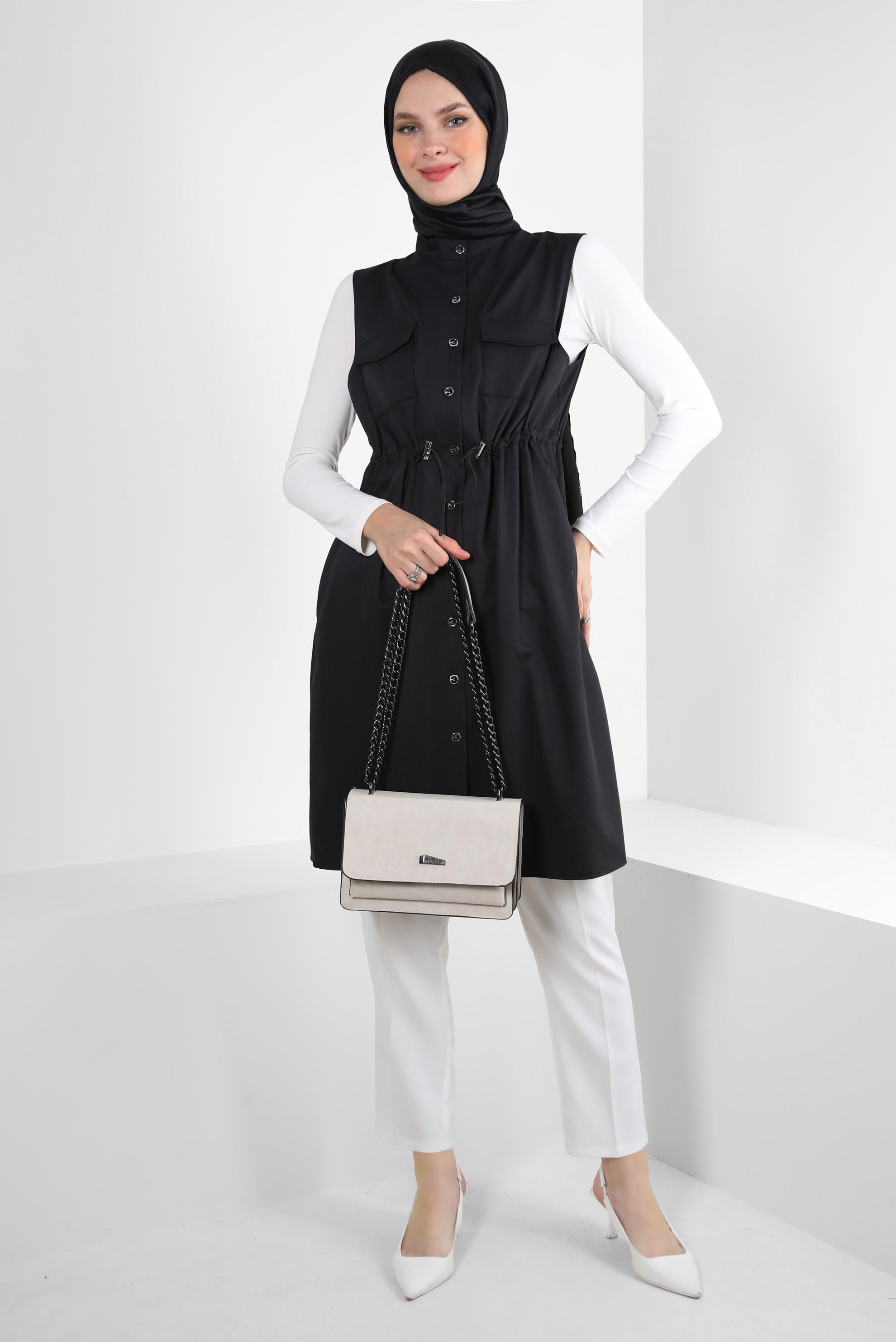 Vêtements hijab NOIR GILET BOUTONNÉ AVEC TAILLE SMOCKANTE 43873