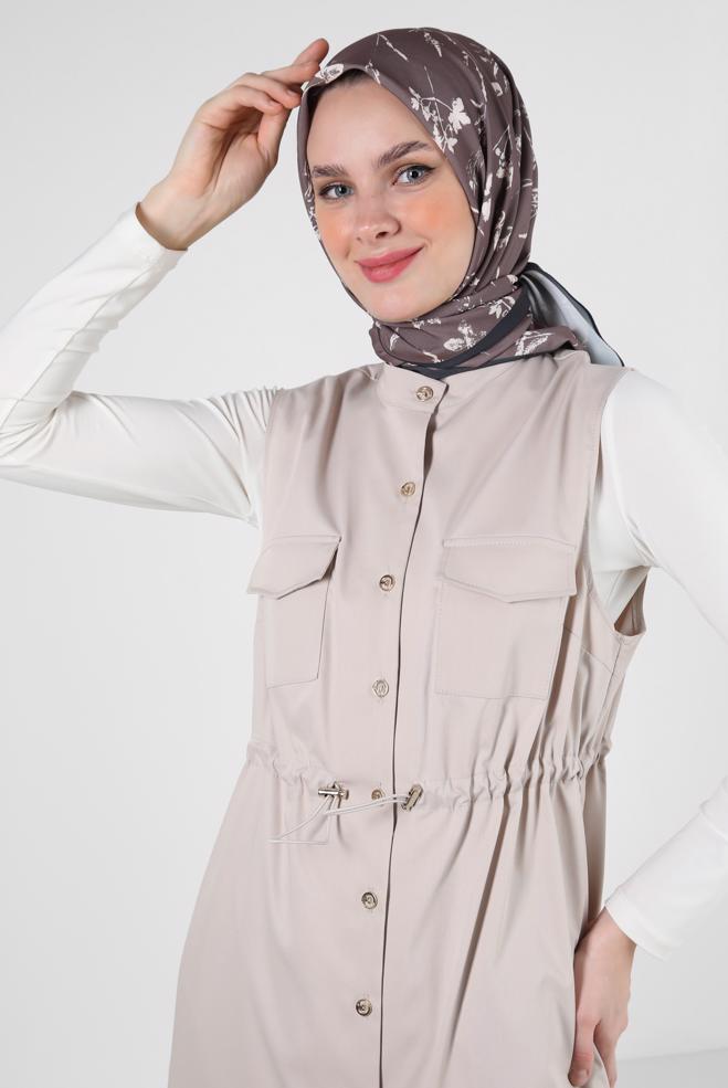 Vêtements hijab BEIGE GILET BOUTONNÉ AVEC TAILLE SMOCKANTE 43873 - ALVİNA