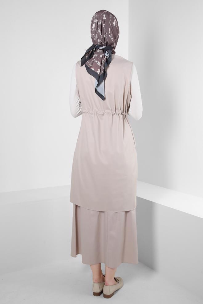 Vêtements hijab BEIGE GILET BOUTONNÉ AVEC TAILLE SMOCKANTE 43873 - ALVİNA