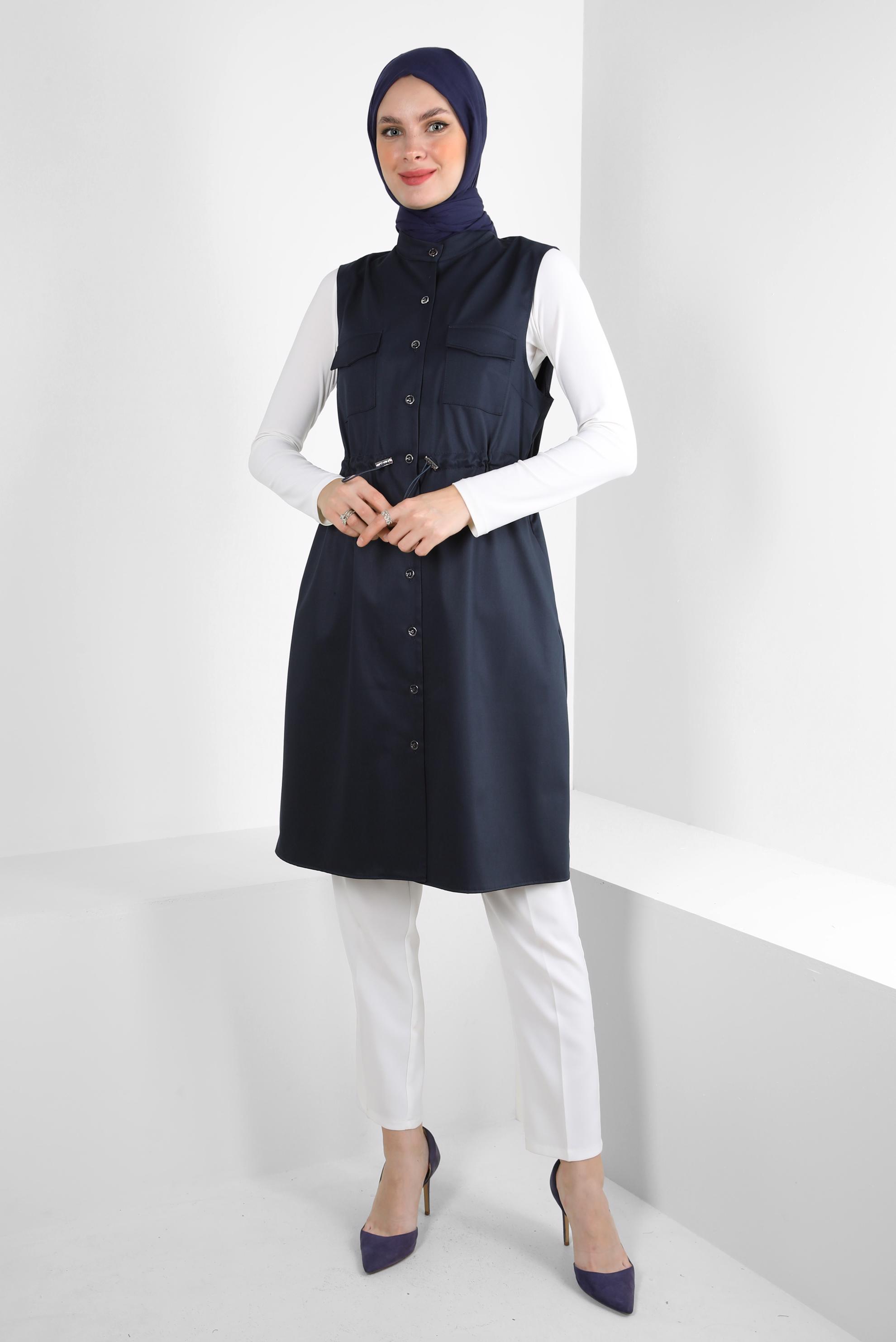 Tesettür giyim LACİVERT BELİ BÜZGÜLÜ DÜĞMELİ YELEK 43873
