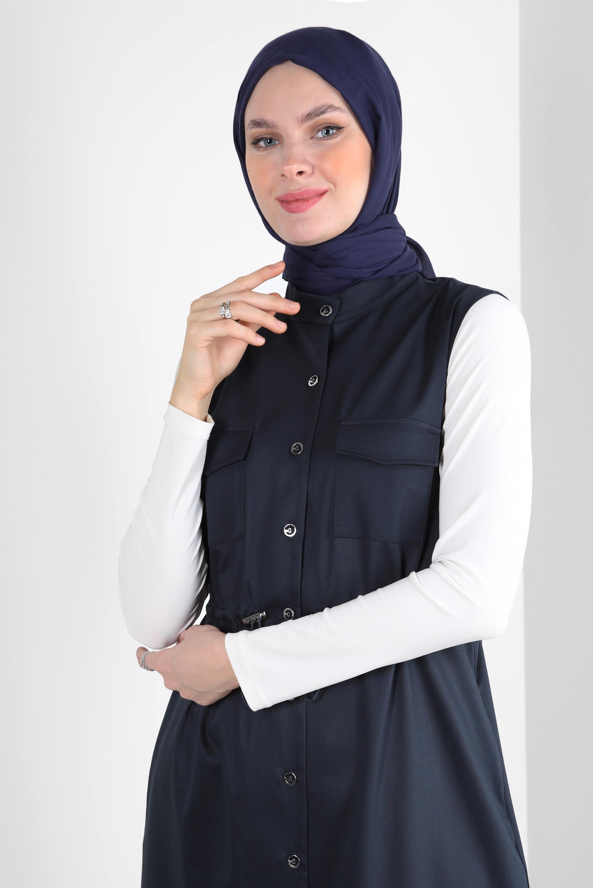 Tesettür giyim LACİVERT BELİ BÜZGÜLÜ DÜĞMELİ YELEK 43873